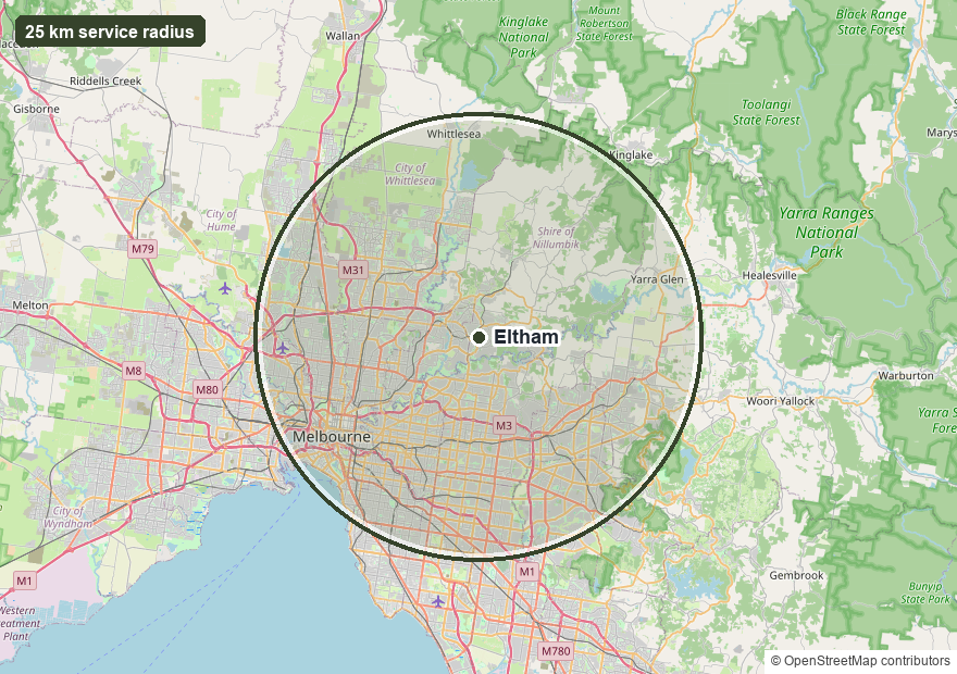 Map of Valley Arbor's service area: a 25km radius around Eltham covering Melbourne's north-east and east
